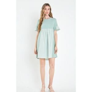 Anthropologie Endless Rose Woman Green KNIT STRIPE WOVEN MIXED DRESS, Si…